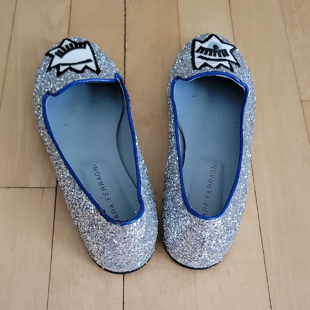 Chiara Ferragni Silver Glitter Flirting Eye Eyelash Flat Loafers - 36